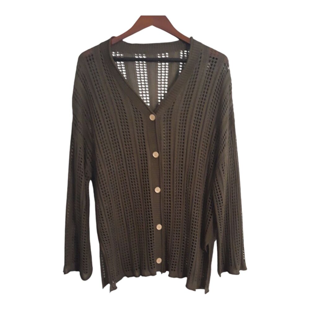 Pink Queen Crocket Cardigan Sweater Womens Large Green Long Sleeve V Neck Loose